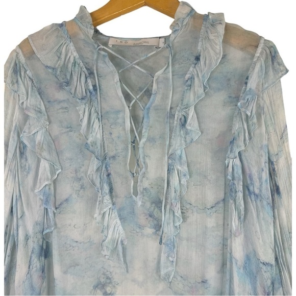 IRO Cruis Light Blue Chiffon Ruffle Blouse Lace-Up Sheer — Size US 2 / FR 34 - Picture 4 of 14